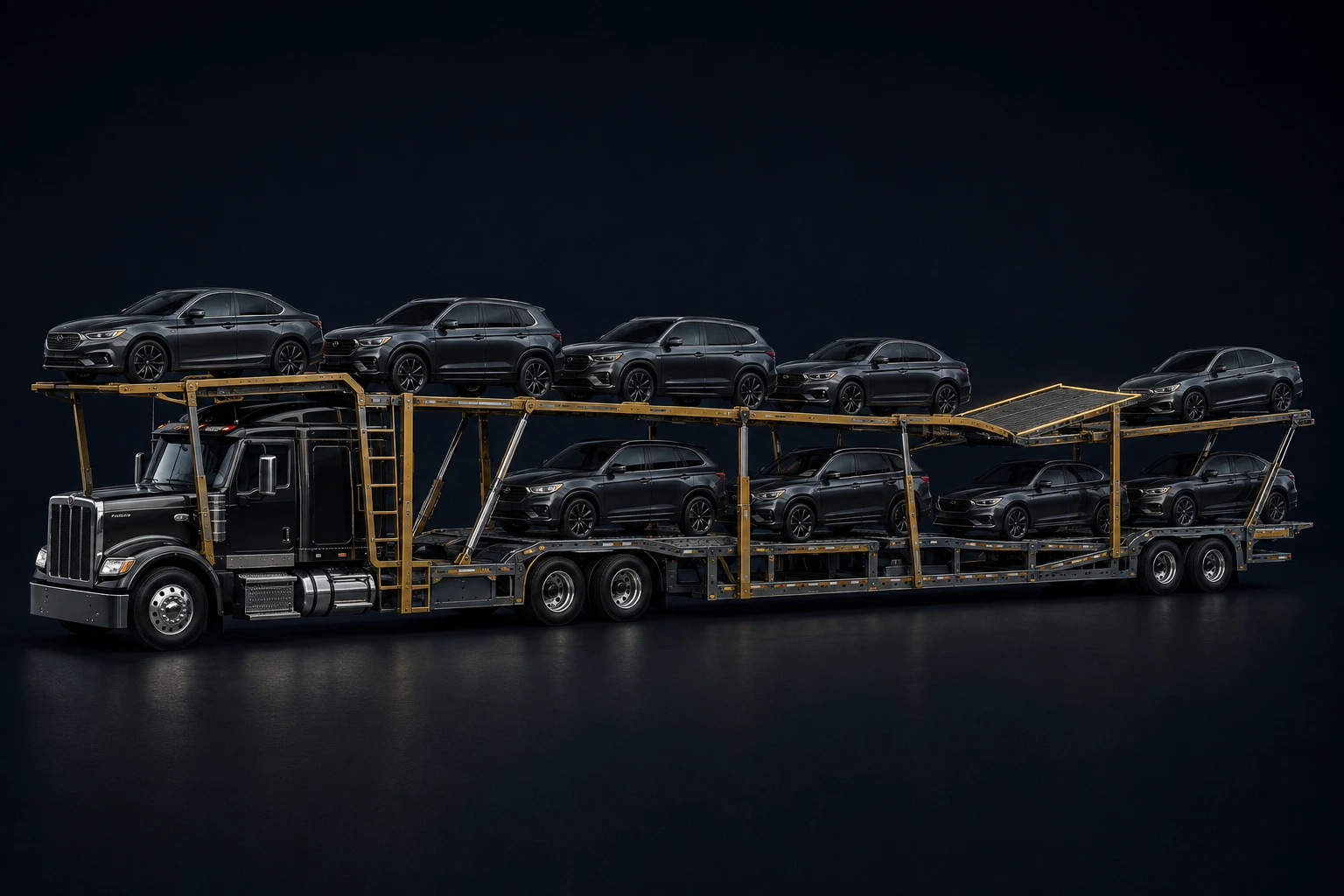 Illustration of an assembled stinger car hauler with a headrack and connected vehicle decks